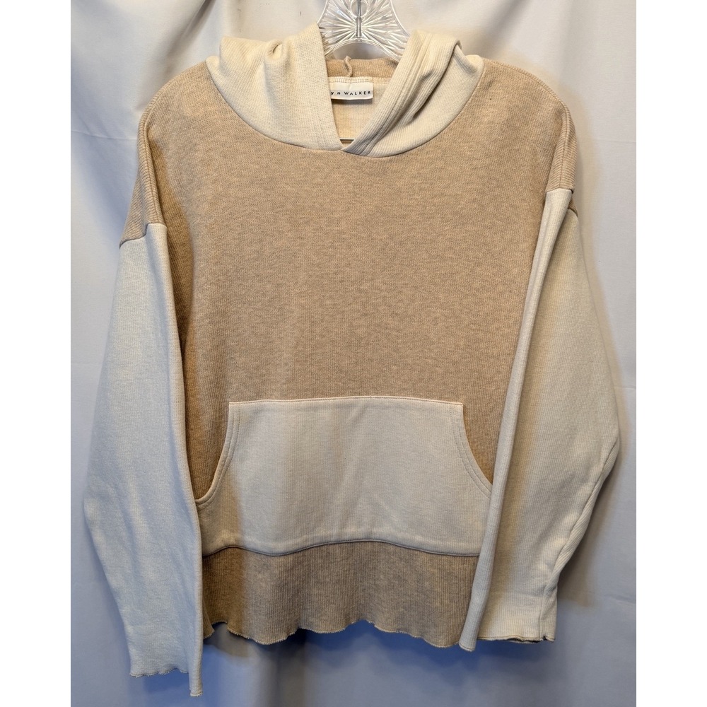Brynn Walker Women's Hoodie Sweater Rib Knit Tan Cream Small Oversized Stretch